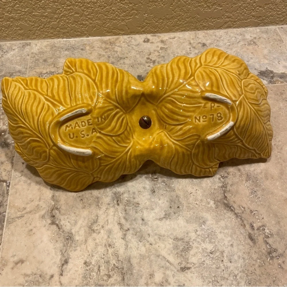 Vintage Retro USA pottery‎ two sided tray serving dish trinket yellow leaf gold